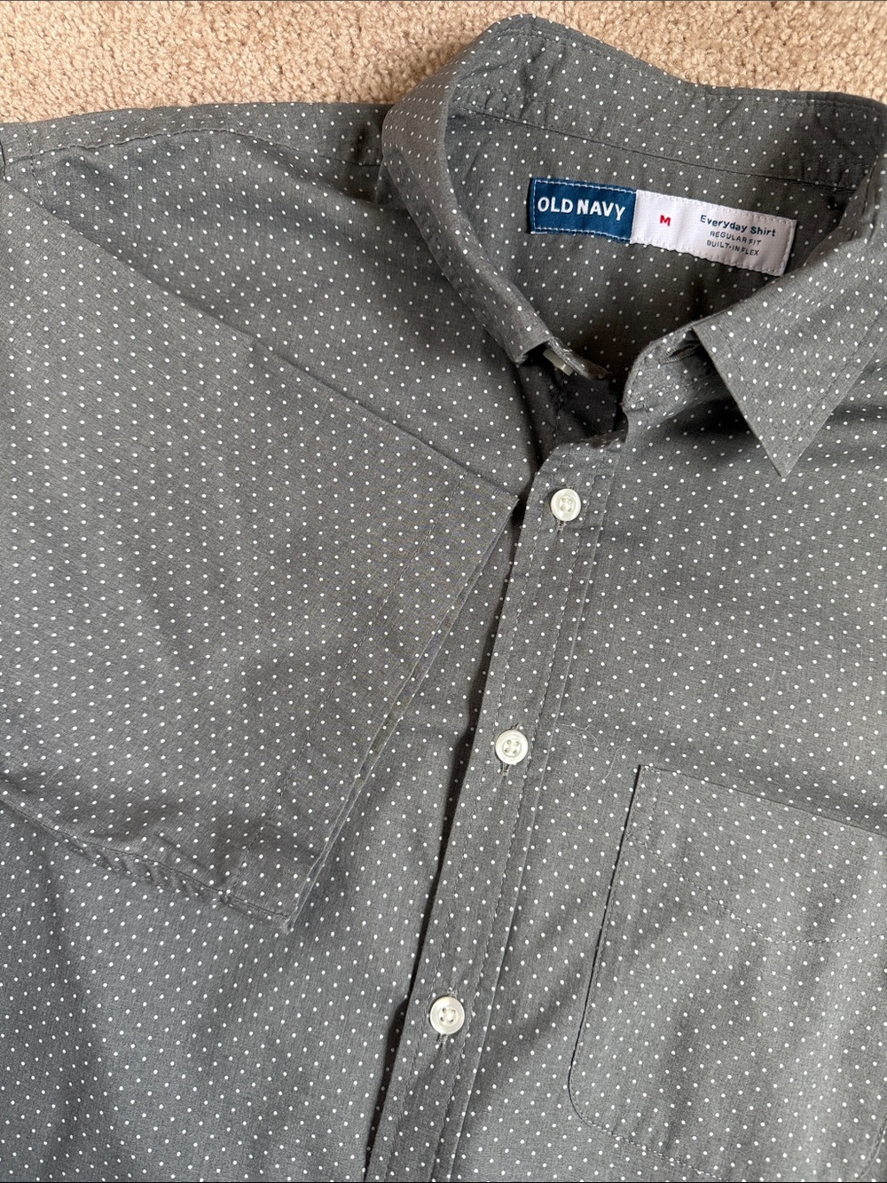 Old Navy Men’s Gray Button-Up Shirt with White Micro Dots.